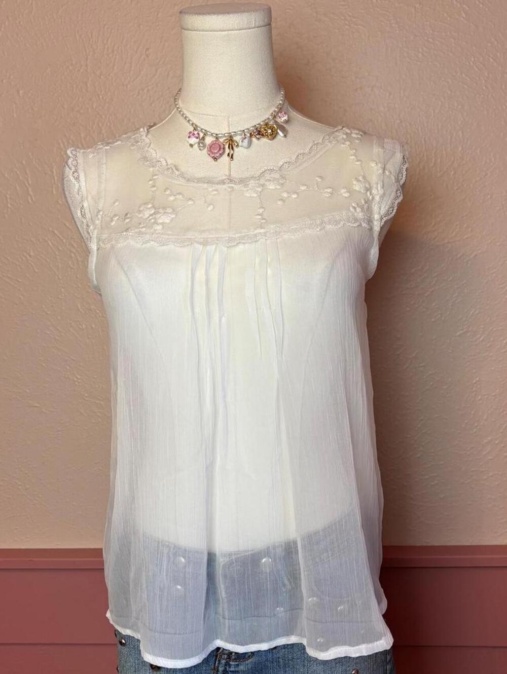lolita white lace sheer top mandee sz small fairy cottage dolly